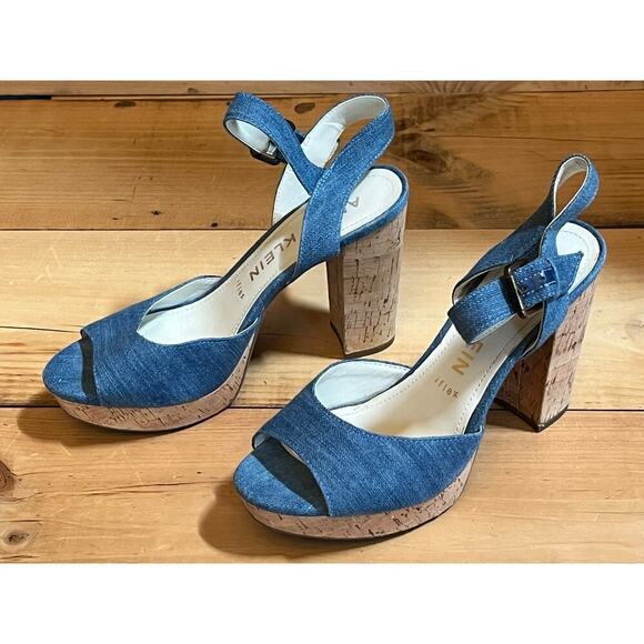 Anne Klein Denim Peep Toe Cork Heels - Women's Size 9M - Picture 2 of 7